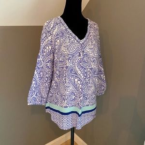 Ladies size L summer weight tunic, light purple, white and turquoise